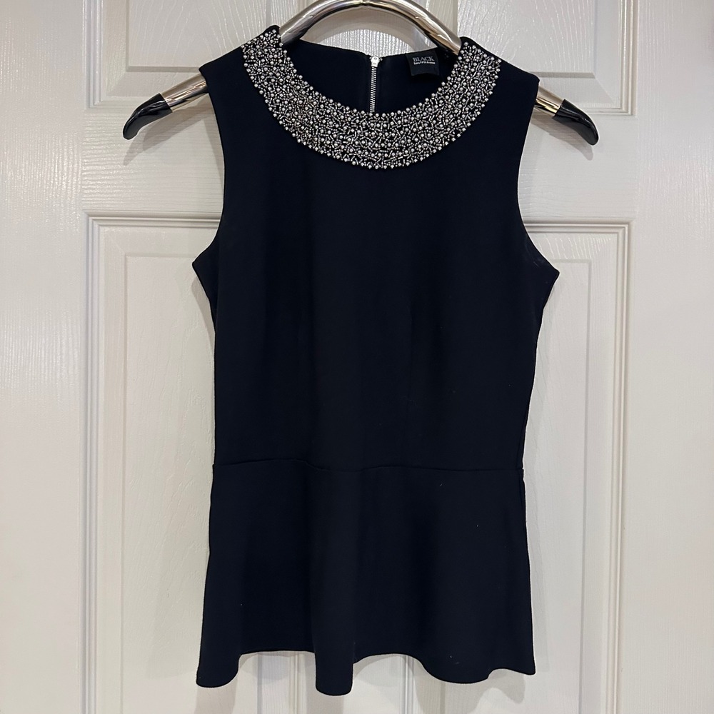Saks Fifth Avenue BLACK Beaded Jewel Neck Peplum Top Sleeveless Black Blouse